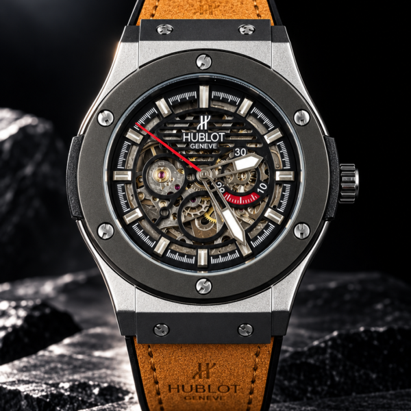 Hublot Automatic Squelette avec mécanisme apparent et détails métalliques.