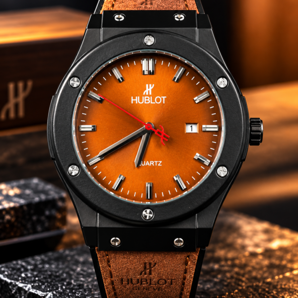 Hublot Orange cuivré avec finition effet soleil.