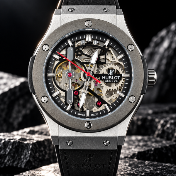 Hublot Automatic Squelette avec mécanisme apparent et engrenages visibles.