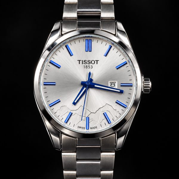 Tissot – Cadran argenté et aiguilles bleues